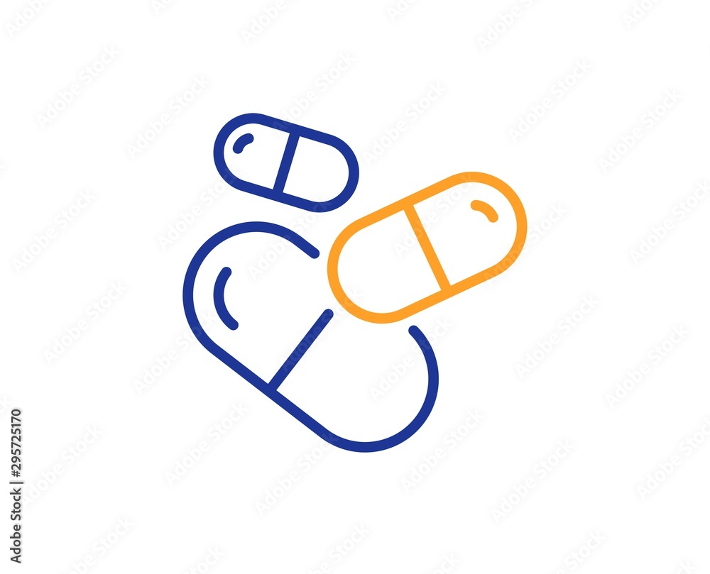 Medical drugs sign. Capsule pill line icon. Pharmacy medication symbol. Colorful outline concept. Blue and orange thin line capsule pill icon. Vector Medical drugs sign. Capsule pill line icon. Pharmacy medication symbol. Colorful outline concept. Blue and orange thin line capsule pill icon. Vector