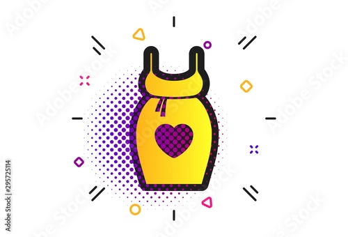 Pregnant woman dress sign icon. Halftone dots pattern. Maternity with heart clothing symbol Classic flat maternity icon. Vector