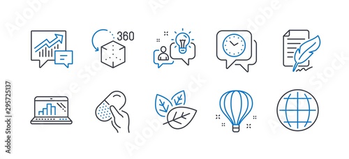 Set of Science icons, such as Air balloon, Clock, Idea, Feather signature, Organic tested, Accounting, Graph laptop, Capsule pill, Augmented reality, Globe line icons. Sky travelling, Time. Vector