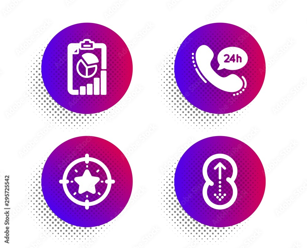 Star target, 24h service and Report icons simple set. Halftone dots button. Swipe up sign. Winner award, Call support, Presentation chart. Scrolling page. Technology set. Vector