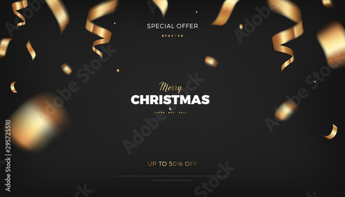 Merry Christmas black background, abstract festive banner with golden serpentine 3d vector design