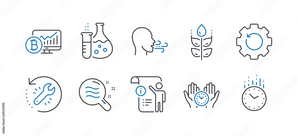 Set of Science icons, such as Safe time, Bitcoin chart, Recovery tool, Chemistry flask, Breathing exercise, Recovery gear, Skin condition, Gluten free, Manual doc, Time line icons. Vector Set of Science icons, such as Safe time, Bitcoin chart, Recovery tool, Chemistry flask, Breathing exercise, Recovery gear, Skin condition, Gluten free, Manual doc, Time line icons. Vector