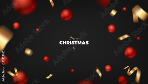 Merry Christmas black background, abstract festive banner with red balls and golden cerpentine 3d vector design photo