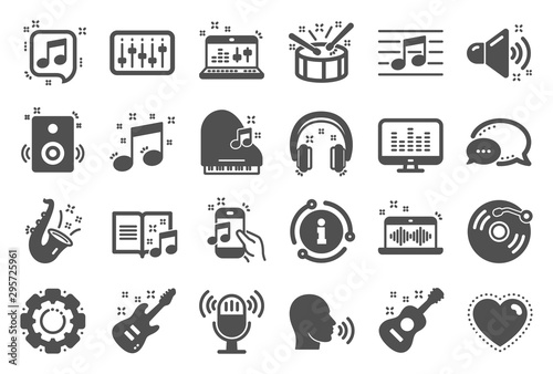 Music icons. Set of Acoustic guitar, Musical note and Vinyl record. Jazz saxophone, Drums with drumsticks and DJ controller icons. Sound check and Jazz, Music making and Electric guitar signs. Vector
