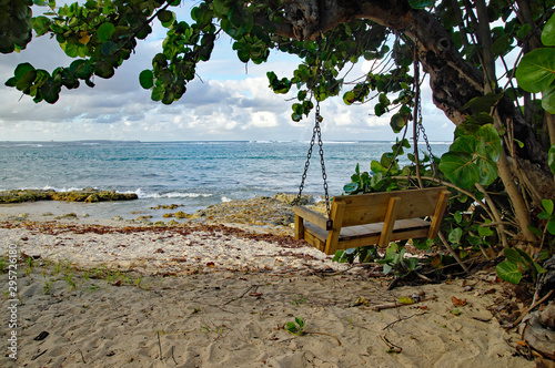 The wooden swing on Autre Bord beach in Le Moule in Guadeloupe, French west indies. Lesser Antilles, Caribbean sea