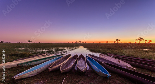 Botswanian local mokoro boats in the sunset time, on the shore of delta Okavango river, Botswana photo
