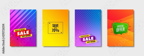 Save up to 70%. Cover design, banner badge. Discount Sale offer price sign. Special offer symbol. Poster template. Sale, hot offer discount. Flyer or cover background. Coupon, banner design. Vector