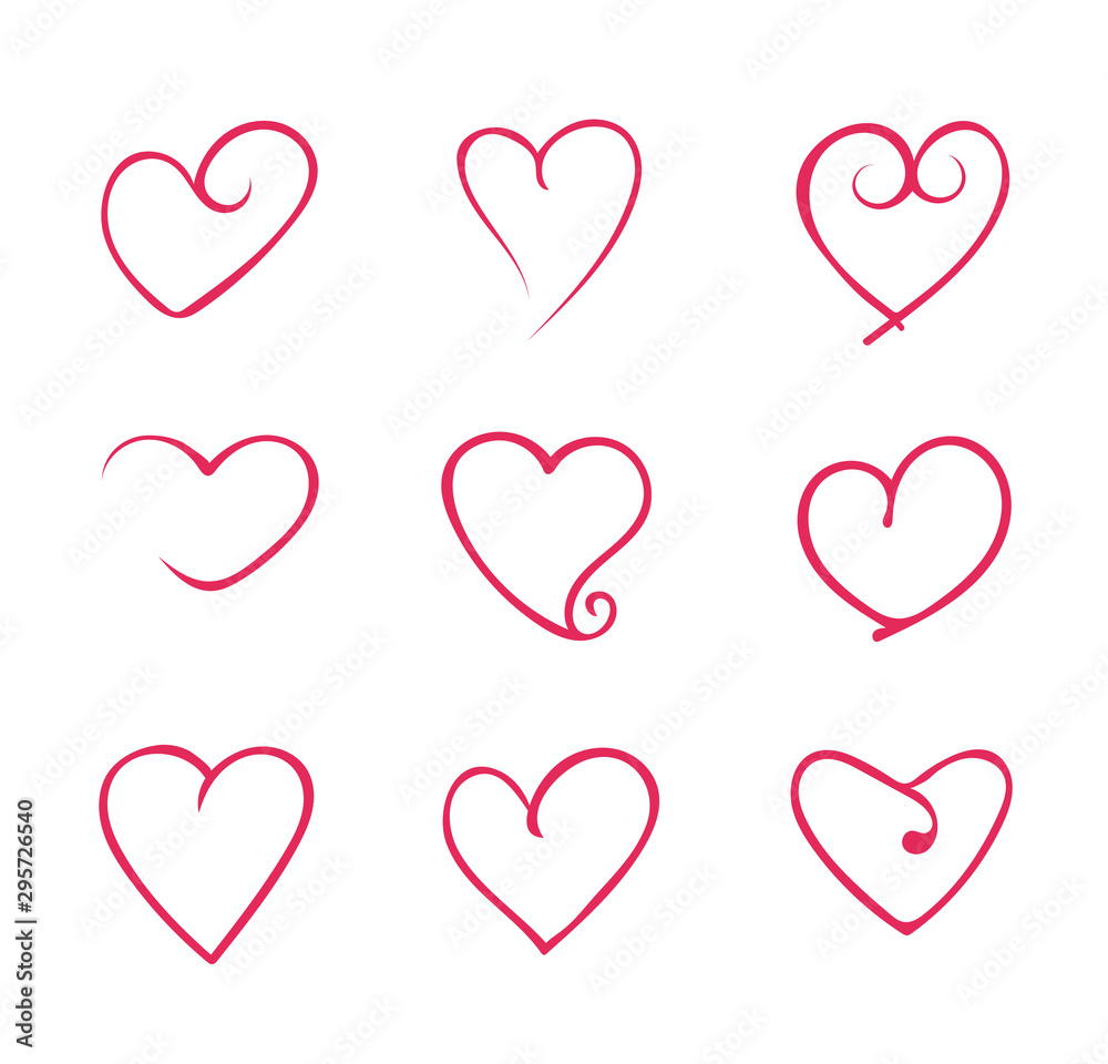 Set of different shapes line hand drawn isolated red hearts design elements. Vector flat cartoon graphic design illustration