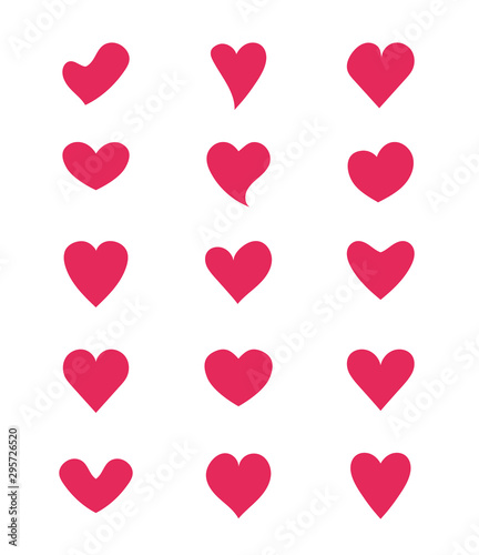 Set of different shapes hand drawn isolated red hearts design elements. Vector flat cartoon graphic design illustration