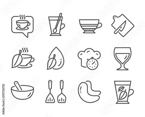 Set of Food and drink icons, such as Cooking mix, Water drop, Mint leaves, Tea mug, Cutting board, Wine glass, Cooking timer, Cashew nut, Coffee, Mocha, Mint tea line icons. Cooking mix icon. Vector