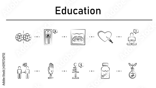 Education simple concept icons set. Contains such icons as parallel world, cryonics, brainwashing, reanimation, transcendence