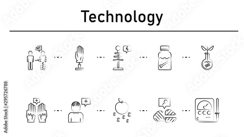 Technology simple concept icons set. Contains such icons as invisibility, electronic hand , tesla coil, dipple, transgenic