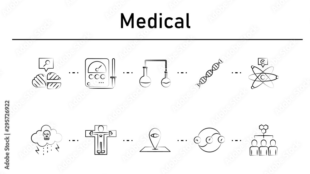 Medical simple concept icons set. Contains such icons as neural, radionics, testing tube, mutation, cold fusion