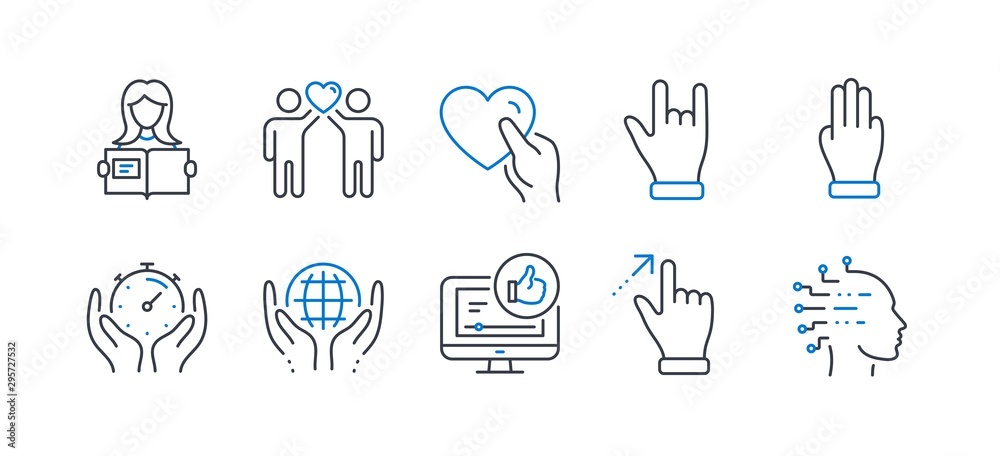 Set of People icons, such as Friends couple, Like video, Woman read, Organic tested, Touchscreen gesture, Horns hand, Three fingers, Timer, Hold heart, Artificial intelligence line icons. Vector Set of People icons, such as Friends couple, Like video, Woman read, Organic tested, Touchscreen gesture, Horns hand, Three fingers, Timer, Hold heart, Artificial intelligence line icons. Vector