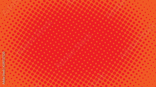 Red and orange pop art background with halftone dots in retro comic style, template for design