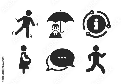 Human running symbol. Chat, info sign. Businessman with umbrella icon. Man love Woman or Lovers sign. Women Pregnancy. Life insurance. Classic style speech bubble icon. Vector