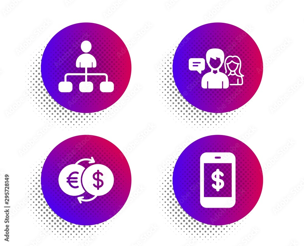 Management, Money exchange and People talking icons simple set. Halftone dots button. Smartphone payment sign. Agent, Eur to usd, Contact service. Mobile pay. Business set. Vector