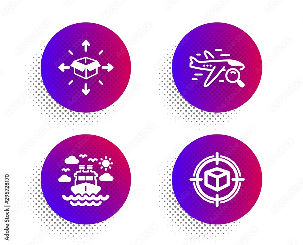 Ship travel, Search flight and Parcel delivery icons simple set. Halftone dots button. Parcel tracking sign. Cruise transport, Find travel, Logistics service. Box in target. Transportation set. Vector