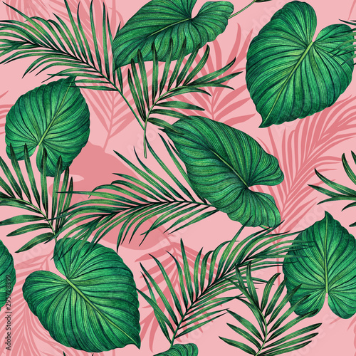 Watercolor painting green,coconut leaves seamless pattern with shadow on pink background.Watercolor llustration palm,pink leaf,tree tropical exotic leaf for wallpaper textile vintage Hawaii style.
