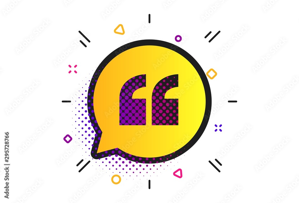 Quote sign icon. Halftone dots pattern. Quotation mark in speech bubble symbol. Double quotes. Classic flat quote icon. Vector Quote sign icon. Halftone dots pattern. Quotation mark in speech bubble symbol. Double quotes. Classic flat quote icon. Vector