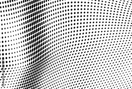 Halfton black and white. Abstract chaotic waves from points. Vector modern optical pop art texture for posters, business cards, cover