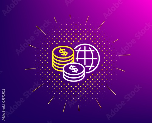 World money line icon. Halftone pattern. Global markets sign. Internet payments symbol. Gradient background. World money line icon. Yellow halftone pattern. Vector