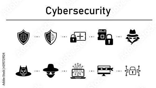 Cybersecurity simple concept icons set. Contains such icons as global shield, bank safe lock, sd card security, spy agent on white background