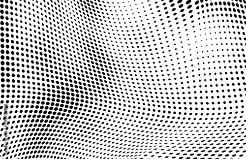 Halfton black and white. Abstract chaotic waves from points. Vector modern optical pop art texture for posters  business cards  cover