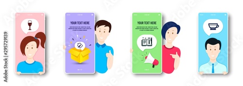 Cutting board, Wineglass and Recipe book icons simple set. People on phone screen. Dry cappuccino sign. Knife, Burgundy glass, Food. Beverage mug. Food and drink set. Vector