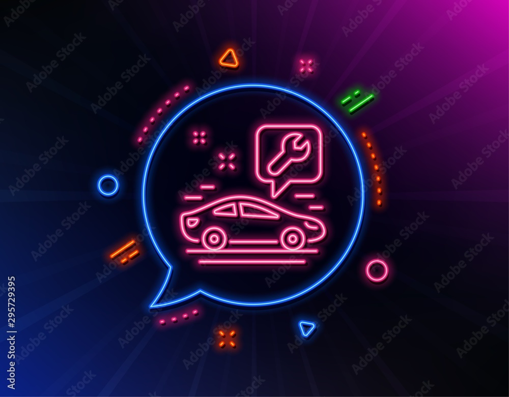 Spanner tool line icon. Neon laser lights. Car repair service sign. Fix instruments symbol. Glow laser speech bubble. Neon lights chat bubble. Banner badge with car service icon. Vector