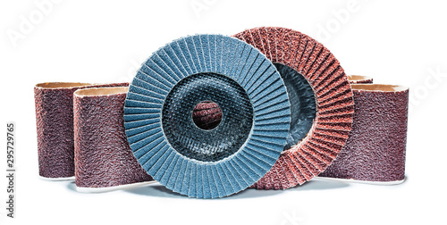 abrasive treatment tools sanding flap discs and belts isolated photo