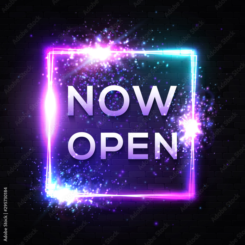 Now Open square neon sign on black brick wall. Color light rectangle ...