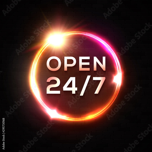 Open 24 7 hours Neon Sign. Retro glowing circle frame. Light round the clock store signboard on black brick wall background. Day-and-night club or bar shining banner. Bright color vector illustration.