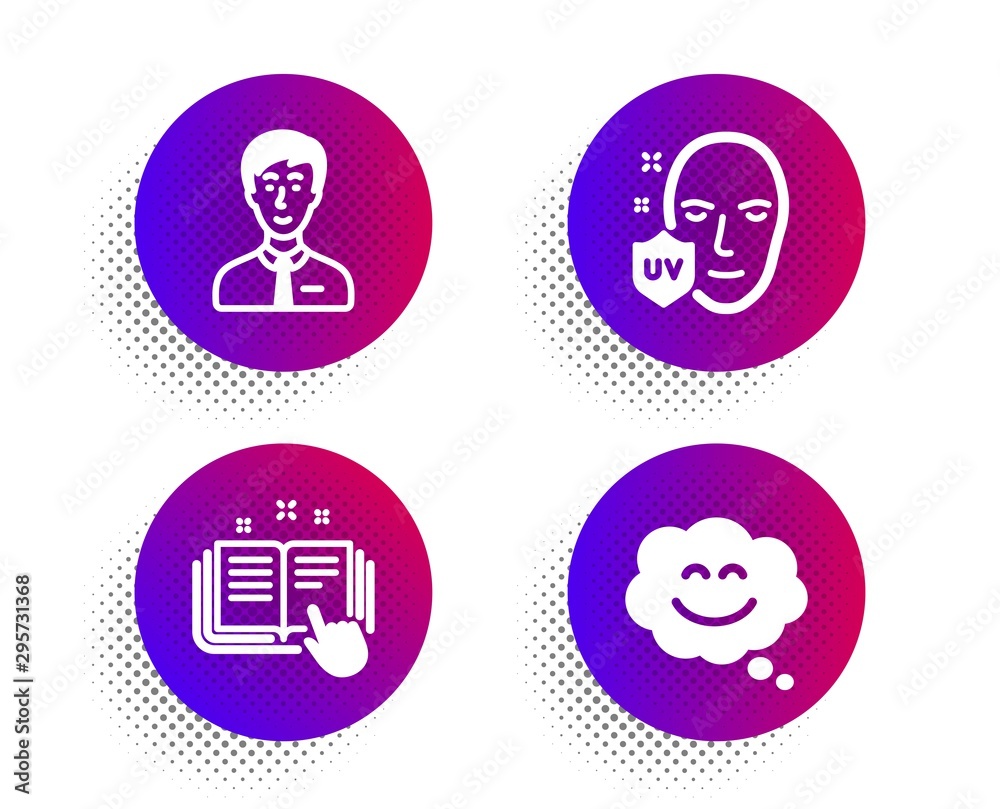 Businessman person, Technical documentation and Uv protection icons simple set. Halftone dots button. Smile chat sign. Male user, Manual, Ultraviolet. Happy face. People set. Vector