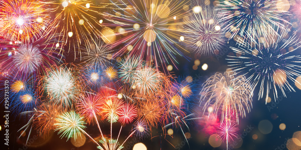 Fototapeta premium Colorful firework with bokeh background. New Year celebration, Abstract holiday background