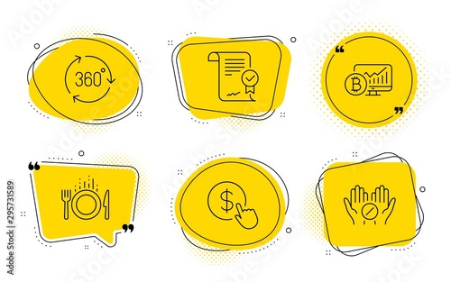 Buy currency, Food and Medical tablet signs. Chat bubbles. Approved agreement, Bitcoin chart and 360 degree line icons set. Verified document, Cryptocurrency statistics, Virtual reality. Vector