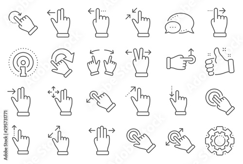 Touchscreen gesture line icons. Hand swipe, Slide gesture, Multitasking icons. Touchscreen technology, tap on screen, drag and drop. Smartphone mobile app or user interface. Line signs set. Vector