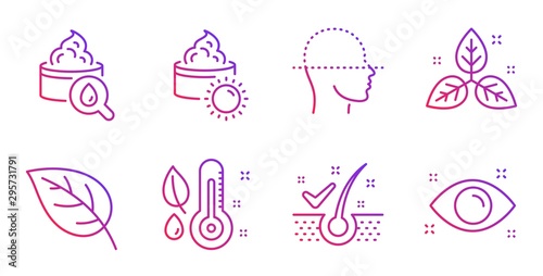 Moisturizing cream, Anti-dandruff flakes and Sun cream line icons set. Face scanning, Fair trade and Leaf signs. Thermometer, Health eye symbols. Face lotion, Healthy hair. Healthcare set. Vector