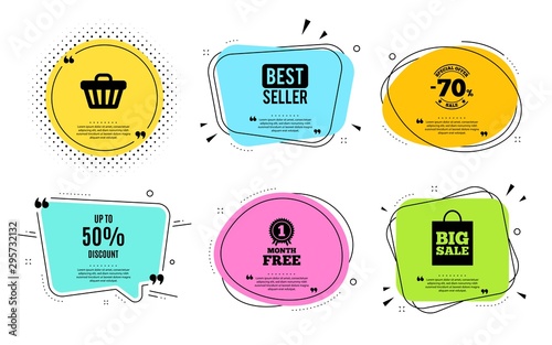 Up to 50% Discount. Best seller, quote text. Sale offer price sign. Special offer symbol. Save 50 percentages. Quotation bubble. Banner badge, texting quote boxes. Discount tag text. Vector