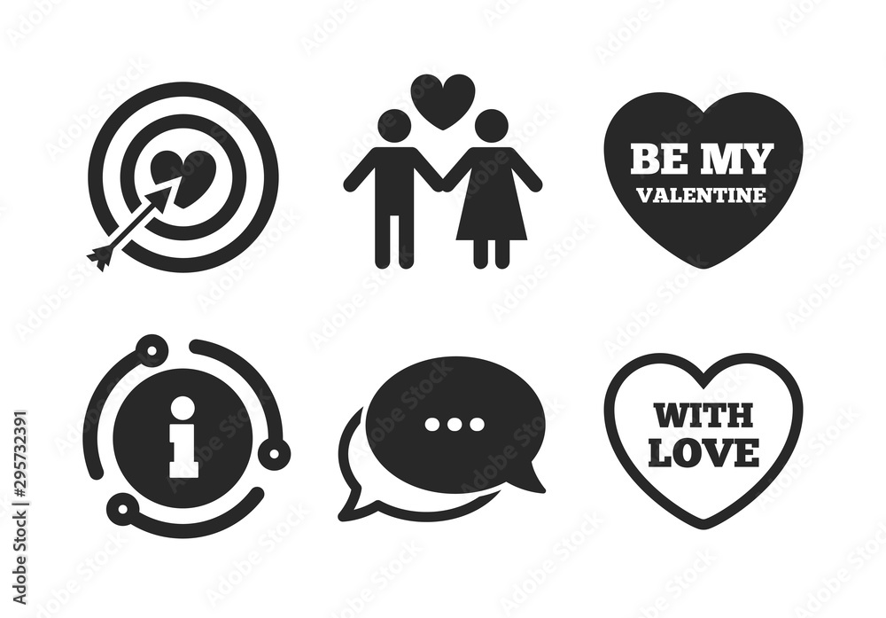 Target aim with heart and arrow symbol. Chat, info sign. Valentine day love icons. Couple lovers sign. Classic style speech bubble icon. Vector Target aim with heart and arrow symbol. Chat, info sign. Valentine day love icons. Couple lovers sign. Classic style speech bubble icon. Vector
