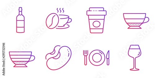 Beans, Brandy bottle and Cappuccino line icons set. Takeaway coffee, Coffee cup and Americano signs. Food, Bordeaux glass symbols. Vegetarian seed, Whiskey. Food and drink set. Vector