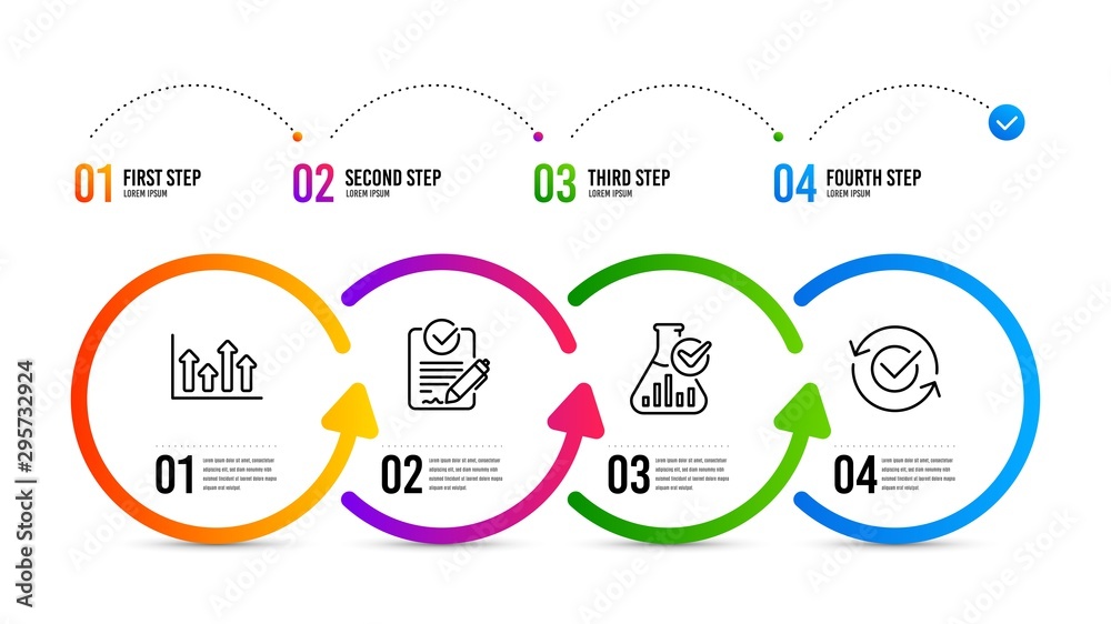 Obraz premium Approved sign. Infographics timeline. Upper arrows, Chemistry lab and Rfp line icons set. Growth infochart, Laboratory flask, Request for proposal. Refresh symbol. Education set. Vector