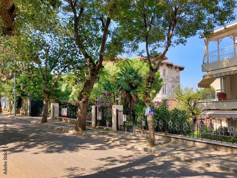 Istanbul, Turkey - September 25, 2019: Walk along the historical streets of Istanbul. Street green spaces and types of residential buildings Istanbul, Turkey - September 25, 2019: Walk along the historical streets of Istanbul. Street green spaces and types of residential buildings