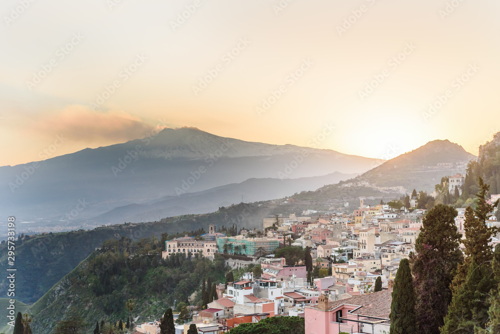 view of Etna Mount from Taormina, Sicily, Italy, Europe.