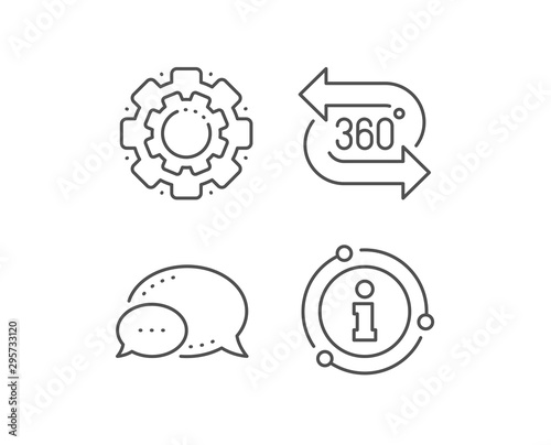 360 degree line icon. Chat bubble, info sign elements. VR technology simulation sign. Panoramic view symbol. Linear 360 degree outline icon. Information bubble. Vector