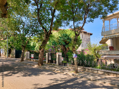 Istanbul, Turkey - September 25, 2019: Walk along the historical streets of Istanbul. Street green spaces and types of residential buildings