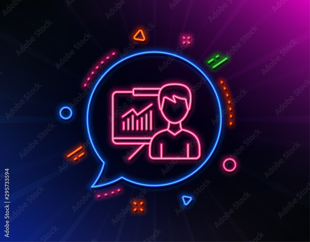 Fototapeta premium Presentation line icon. Neon laser lights. Education board sign. Lecture with Charts symbol. Glow laser speech bubble. Neon lights chat bubble. Banner badge with presentation icon. Vector