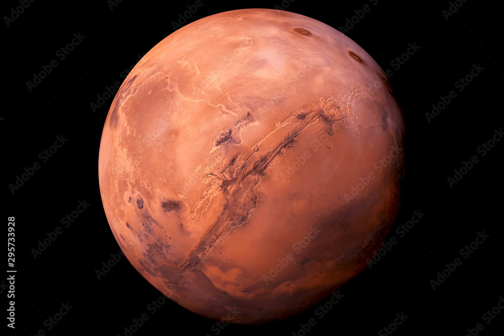 Fototapeta premium Planet Mars, on a black background. Elements of this image were furnished by NASA.