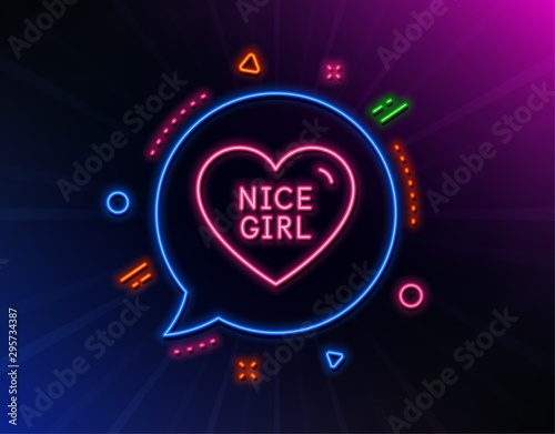 Nice girl line icon. Neon laser lights. Sweet heart sign. Valentine day love symbol. Glow laser speech bubble. Neon lights chat bubble. Banner badge with nice girl icon. Vector