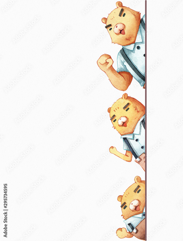 Fototapeta premium Character cartoon watercolor of bear stand behind the wall on white background, illustration